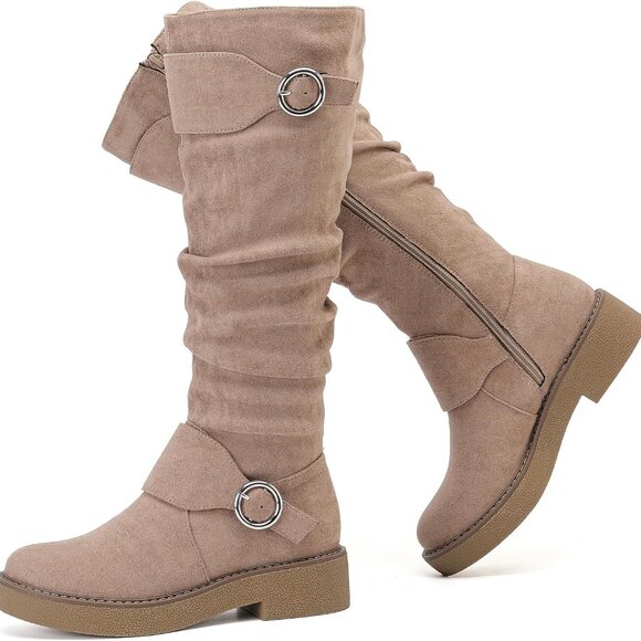 Women's Faux Leather Knee High Boots Flat Platform Casual Style Wide Calf - Picture 1 of 6